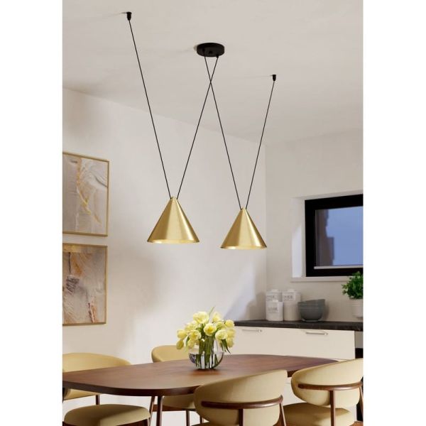 Lámpara colgante 2 luces cónicas NARICES-1, latón cepillado y negro, diseño New Nordic, E27 (no incl.)