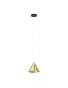 Lámpara colgante 1 luz cónica NARICES 1 E27 (no incl.), latón cepillado dorado y cable textil negro, Ø220mm