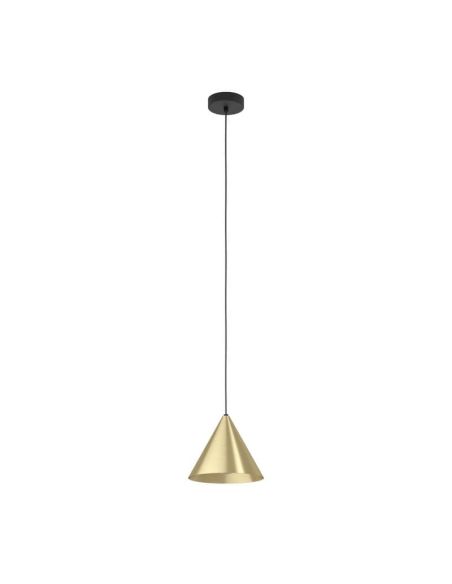 Lámpara colgante 1 luz cónica NARICES 1 E27 (no incl.), latón cepillado dorado y cable textil negro, Ø220mm