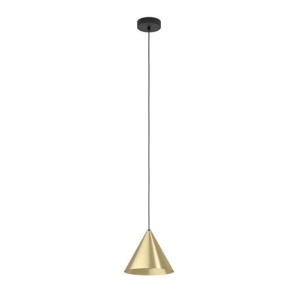 Lámpara colgante 1 luz cónica NARICES 1 E27 (no incl.), latón cepillado dorado y cable textil negro, Ø220mm