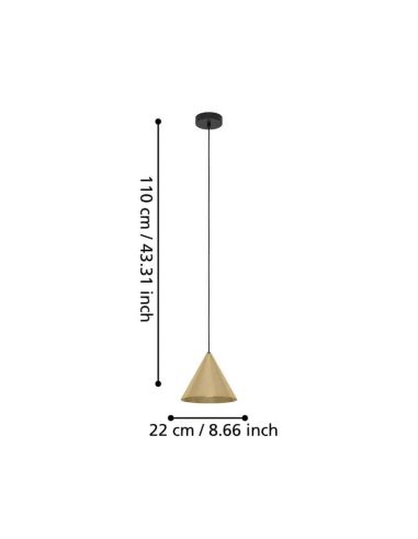Lámpara colgante 1 luz cónica NARICES 1 E27 (no incl.), latón cepillado dorado y cable textil negro, Ø220mm