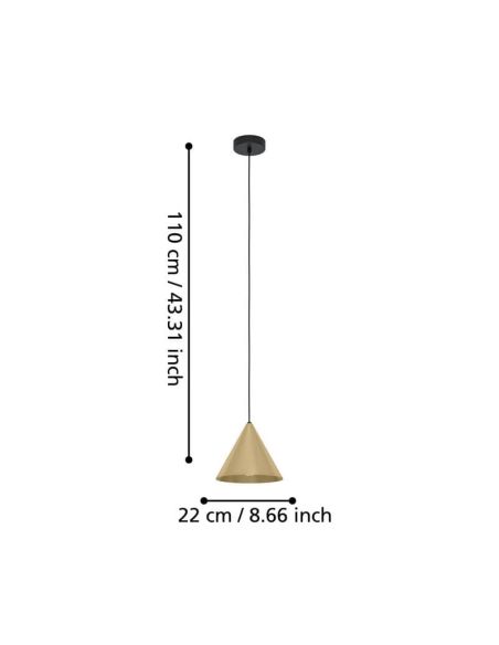 Suspension conique à 1 lumière, 1 ampoule E27 (non fournie), laiton doré brossé et câble textile noir, Ø 220 mm