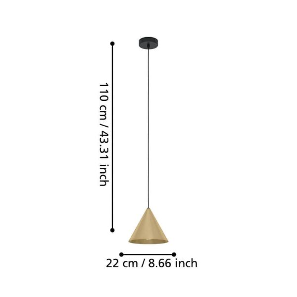 Lámpara colgante 1 luz cónica NARICES 1 E27 (no incl.), latón cepillado dorado y cable textil negro, Ø220mm