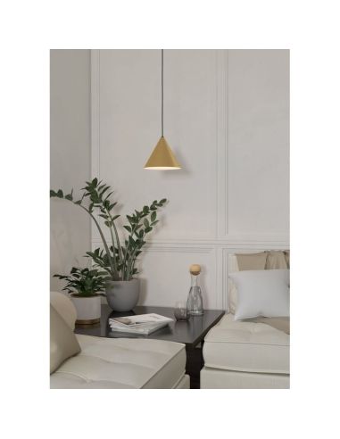 Suspension conique à 1 lumière, 1 ampoule E27 (non fournie), laiton doré brossé et câble textile noir, Ø 220 mm