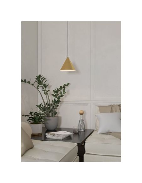 Lámpara colgante 1 luz cónica NARICES 1 E27 (no incl.), latón cepillado dorado y cable textil negro, Ø220mm