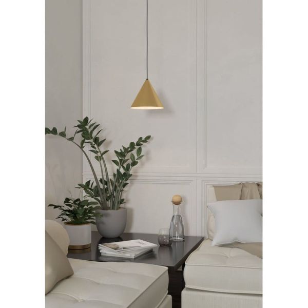 Lámpara colgante 1 luz cónica NARICES 1 E27 (no incl.), latón cepillado dorado y cable textil negro, Ø220mm