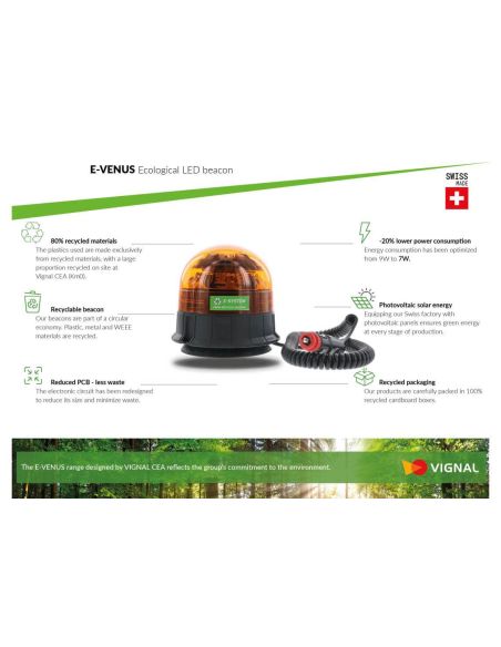 Sinalizador LED magnético âmbar E-VENUS, giratório e ecológico, com flash duplo, 12–24V, ECE R65