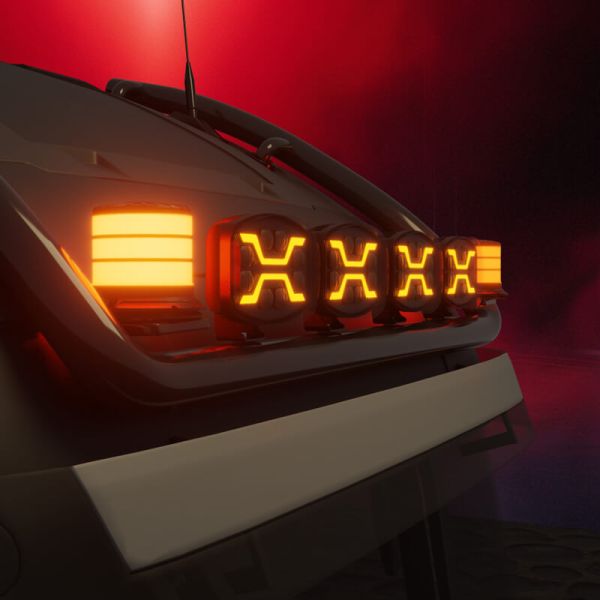 Detalhe do farol de LED X-SPIDER com luz alta, posição e estroboscópica âmbar L3436 12–24V R65, R148, R149