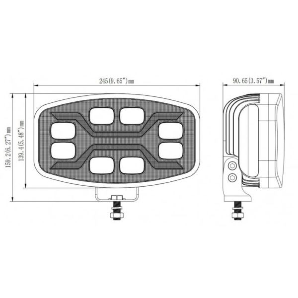 Dimensions : Phare LED X-SPIDER avec feux de route, feux de position et stroboscope ambre L3436 12–24 V R65, R148, R149