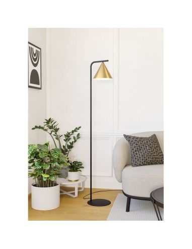 Lámpara de pie NARICES 1 luz E27, base curva negra y pantalla latón cepillado con interior dorado, altura 1620m