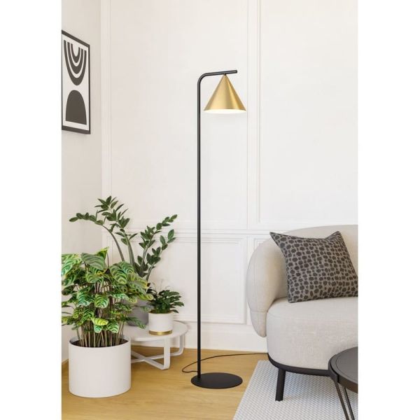 Lampadaire NARICES, 1 lumière E27, base noire incurvée et abat-jour en laiton brossé avec intérieur doré, hauteur 1620 mm