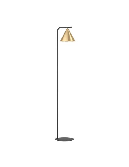 Lámpara de pie NARICES 1 luz E27, base curva negra y pantalla latón cepillado con interior dorado, altura 1620m