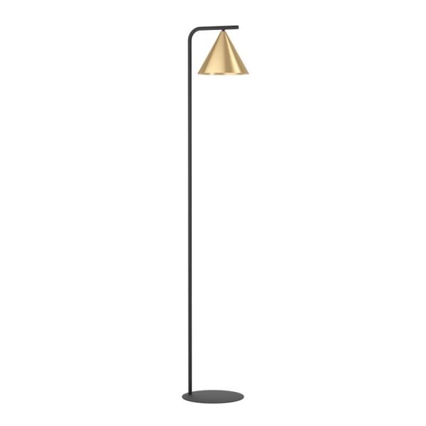 Lámpara de pie NARICES 1 luz E27, base curva negra y pantalla latón cepillado con interior dorado, altura 1620m
