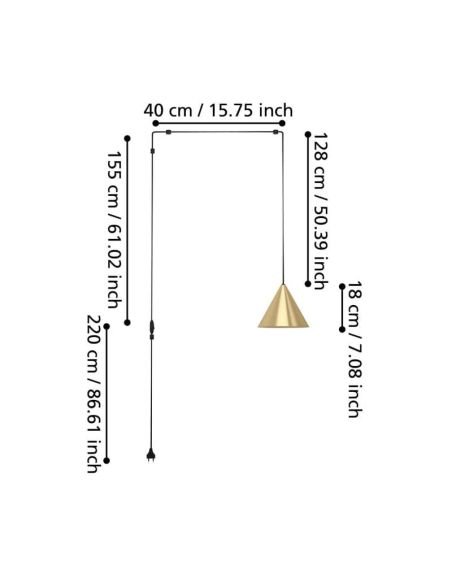 Applique murale et plafonnier flexible NOSES 1 lumière E27, laiton doré et câble noir extra long de 3 m, branchement direct sur 
