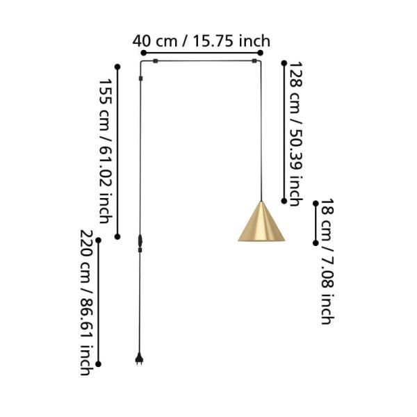 Lámpara de pared y techo flexible NARICES 1 luz E27, latón dorado y cable negro extra largo 3m, directo a enchufe