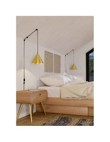 Lámpara de pared y techo flexible NARICES 1 luz E27, latón dorado y cable negro extra largo 3m, directo a enchufe