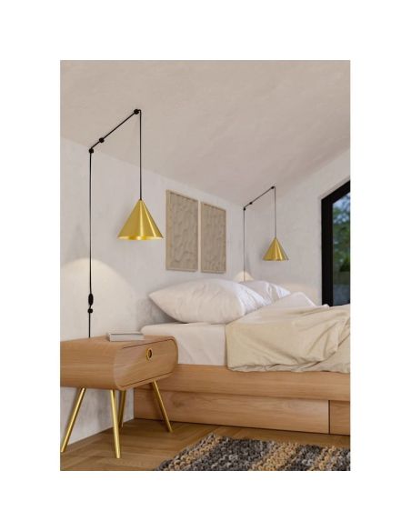 Luminária de parede e teto flexível NOSES, 1 lâmpada E27, latão dourado e cabo preto extra longo de 3m, conexão direta à tomada.