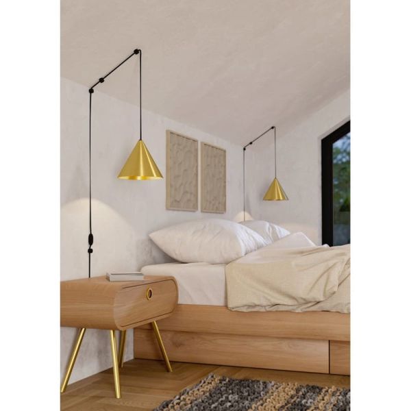 Lámpara de pared y techo flexible NARICES 1 luz E27, latón dorado y cable negro extra largo 3m, directo a enchufe