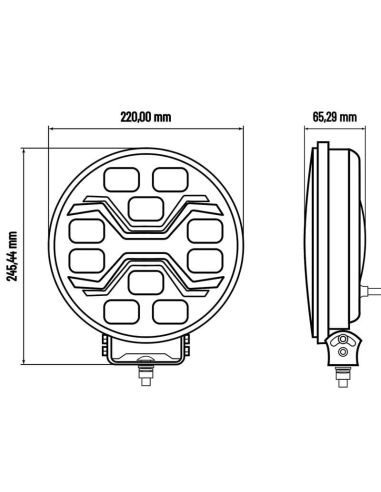 Medidas Faro LED X-SPIDER TOXIC L3440 con luz de carretera, posición y estrobo ámbar 12–24V