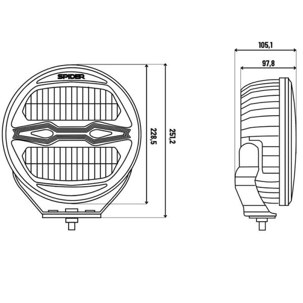 Medidas: Farol de LED redondo X-SPIDER NINJA de 9 polegadas com luz alta, luz de posição e estrobo âmbar.