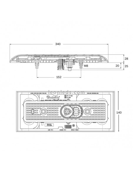 Dimensions TruckLite M758 Feu arrière LED | Dimensions Feu arrière LED Trucklite M758 | Éclairage LeonLeds