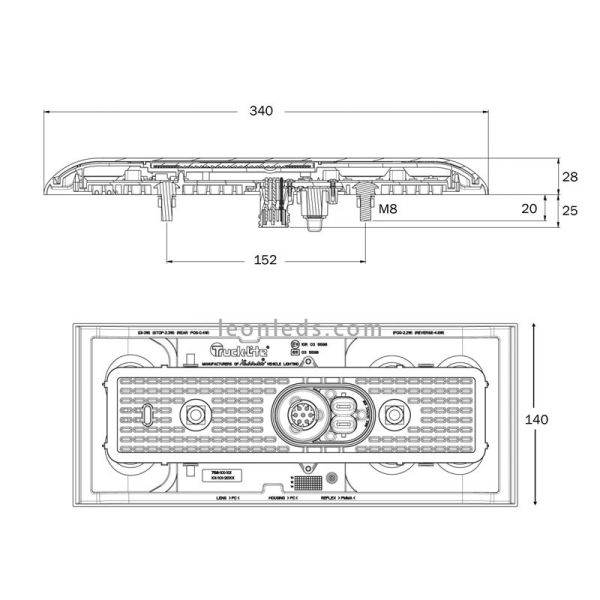 Dimensions TruckLite M758 Feu arrière LED | Dimensions Feu arrière LED Trucklite M758 | Éclairage LeonLeds