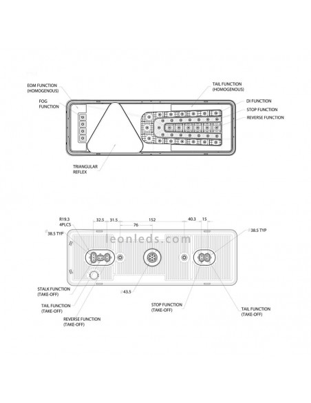 Dimensions TruckLite M900 Feu arrière LED | Rubbolite M900 | Éclairage LeonLeds