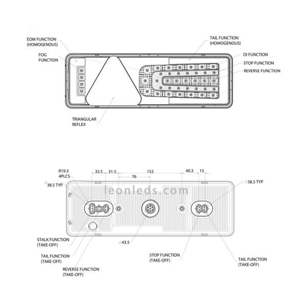 Dimensiones Piloto trasero LED TruckLite M900 | Rubbolite M900 | LeonLeds Iluminación