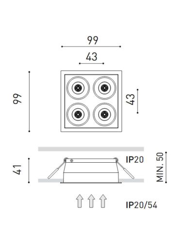 Dimensions du spot encastré LED noir, BLACK FOSTER REC 2x2 SPOT 19º CRI90 DALI