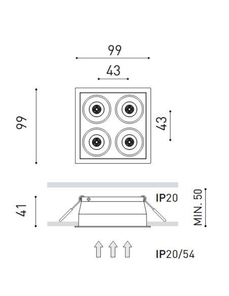 Dimensions du spot encastré LED, noir avec cadre blanc, BLACK FOSTER REC 2x2 SPOT 19º CRI90 Push Dim