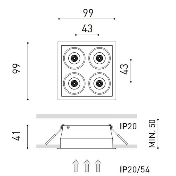 Dimensions du spot encastré carré LED BLACK FOSTER REC 2x2 SPOT 19º, noir, IRC90, IP20