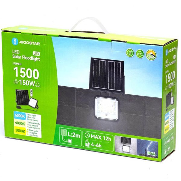 Caja Proyector Solar LED 150W CCT Regulable con Panel Monocristalino 2m IP66 con mando a distancia