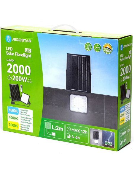 Proyector Solar LED 200W CCT Regulable con Panel Monocristalino 2m IP66 incluye mando a distancia