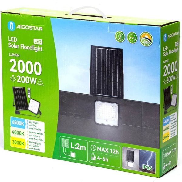 Projecteur solaire LED 200 W à température de couleur variable avec panneau monocristallin de 2 m, IP66 et télécommande incluse