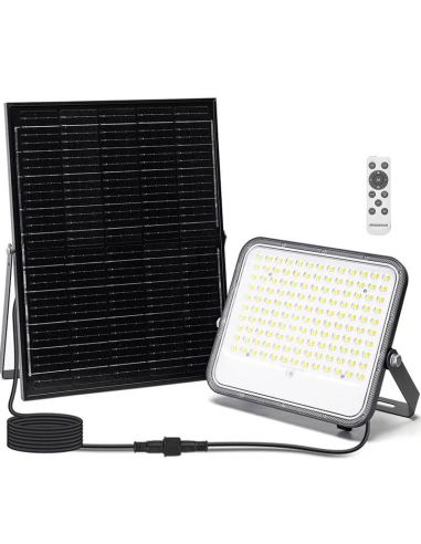 Projecteur solaire LED à intensité variable 200 W avec panneau monocristallin de 2 m, IP66 et télécommande incluse