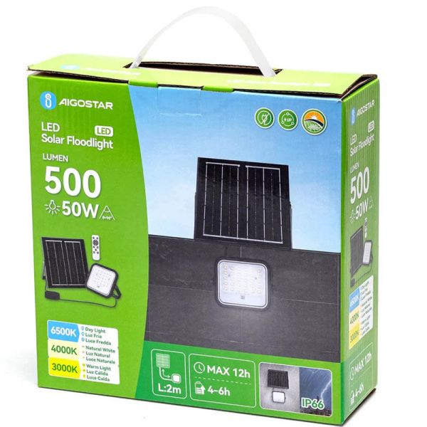 Projetor solar LED dimerizável CCT de 50 W com painel monocristalino de 2 m, IP66 B1020133I