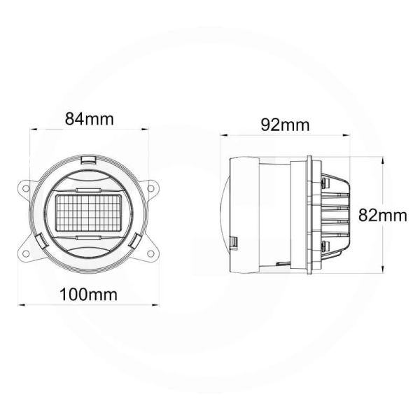 Dimensões do farol redondo de LED Deutz-Fahr R149 12/24V com luz de posição e farol alto.