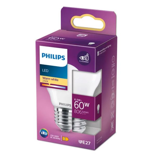 Bombilla LED esférica E27 mate 6,5W – 60W