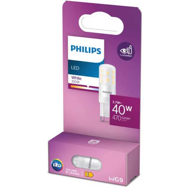 Bombilla LED G9 Philips LEDspot 3,7W 3000K 470lm Equivalente 40W Halógena · No Regulable · Clase Energética E