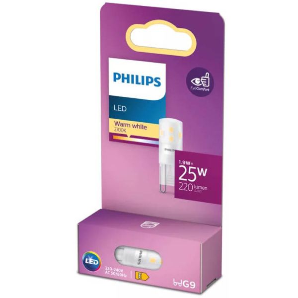 Bombilla LED G9 1,9W 2700K 200lm Equivalente 25W · No Regulable · Clase Energética E