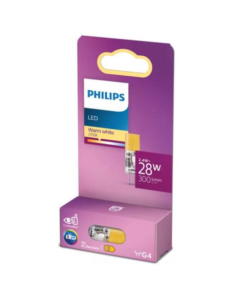 Bombilla LED G4 Philips 2,4W 2700K 300lm 12V Equivalente 28W Halógena · No Regulable · Clase Energética E