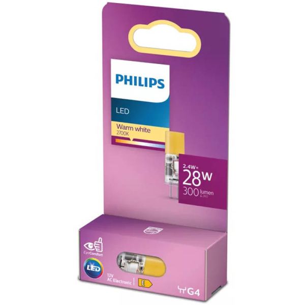 Bombilla LED G4 Philips 2,4W 2700K 300lm 12V Equivalente 28W Halógena · No Regulable · Clase Energética E