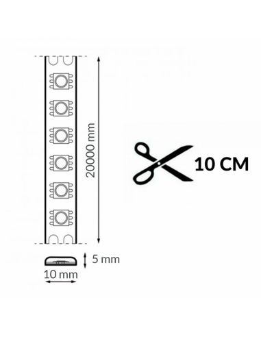 Bande LED COB 220 V, 14 W/m, 2300 K, 520 lm, 20 mètres, IP67, sécable tous les 10 cm.