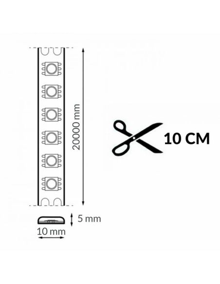 Bande LED COB 220 V, 14 W/m, 2300 K, 520 lm, 20 mètres, IP67, sécable tous les 10 cm.