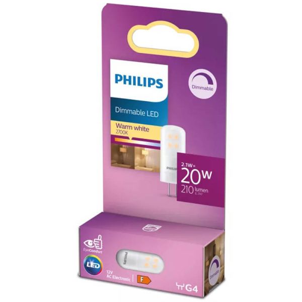 Lâmpada LED G4 dimerizável 2W 2700K 210lm 12V equivalente a 20W halógena · Luz branca quente · Classe energética E