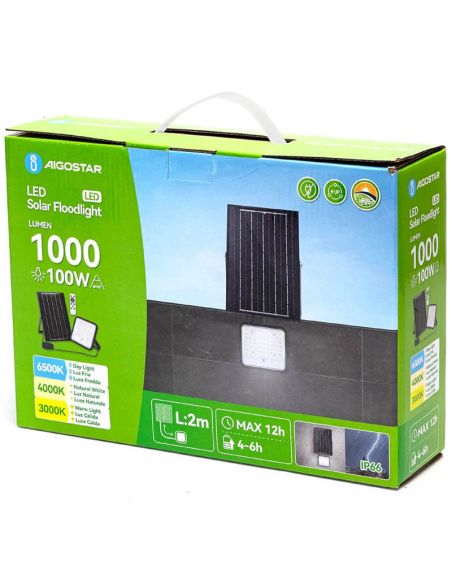 Caixa de projetor solar LED CCT de 100 W com painel de 2 m – 1000 lúmens, IP66, com controle remoto.