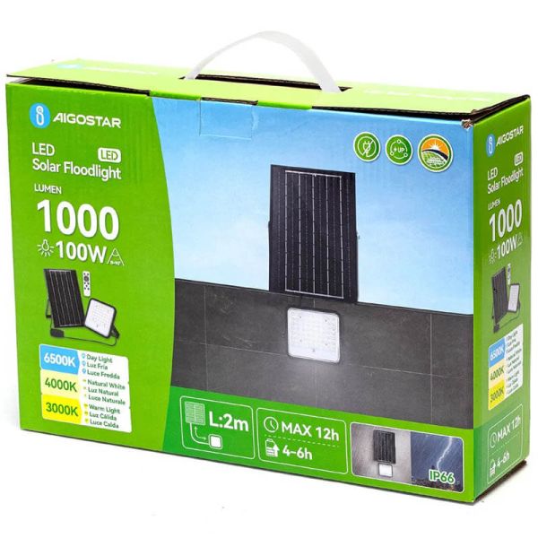 Caja Proyector Solar LED 100W CCT con Panel 2m – 1000Lm IP66 con Mando