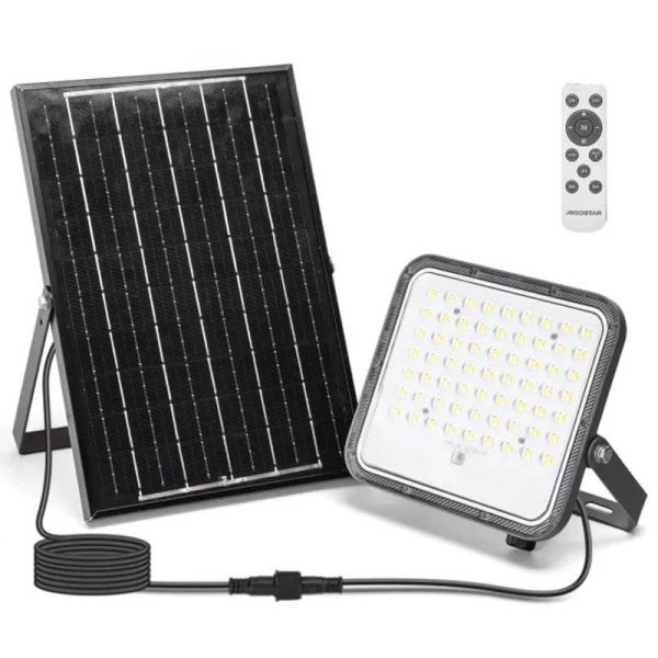 Projetor solar LED CCT de 100 W com painel de 2 m – 1000 lúmens, IP66, com controle remoto.