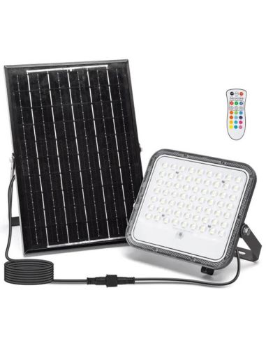 Projetor solar LED RGB de 100 W com painel de 2 m – IP66 para uso externo com controle remoto.