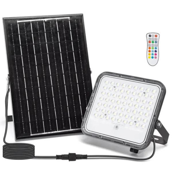Projetor solar LED RGB de 100 W com painel de 2 m – IP66 para uso externo com controle remoto.